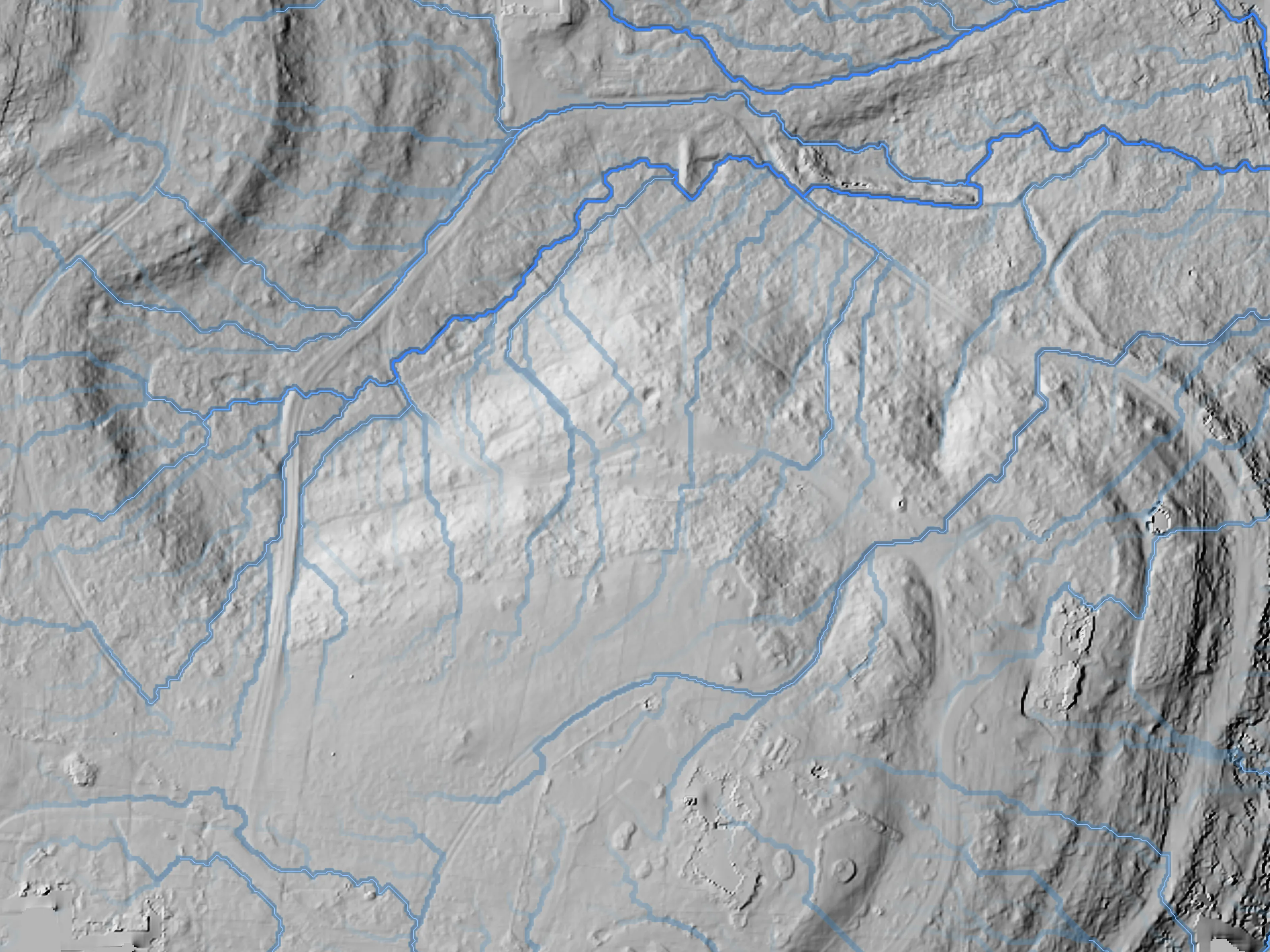 Modeled drainage network, darker and thicker by Strahler order, over the flow and relief of our showcase ranch.
