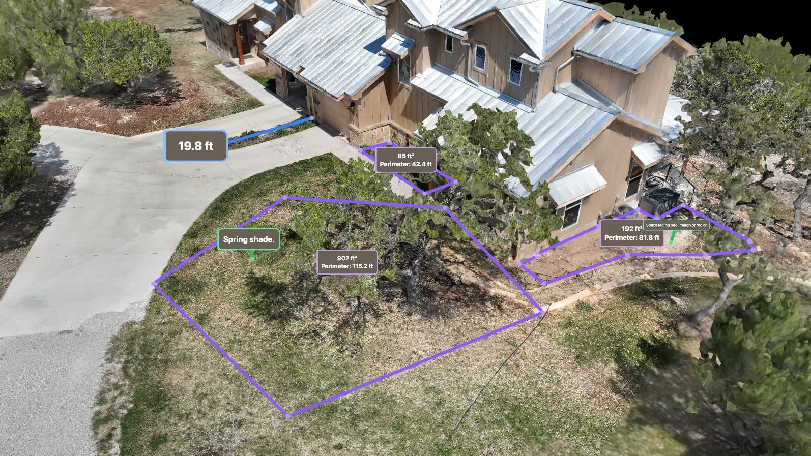 The Embry viewer with pins, areas, and notes marked up on a 3D model of a Hill Country property