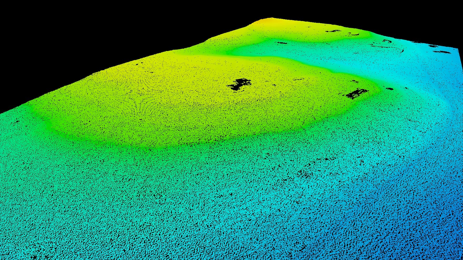 Color-by-elevation 3D scan of rolling terrain near Hill Country, TX