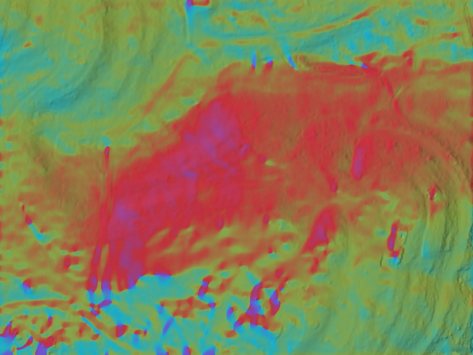 Aspect on the showcase ranch — red north, green east, cyan south, violet west — from the July 2026 LiDAR ground, smoothed to 2.5 m.