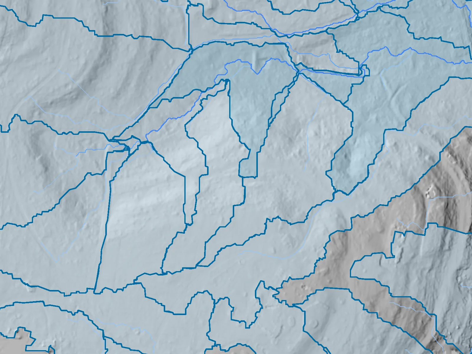 Sub-basins outlined and tinted on the relief with the channels drawn through them — the showcase ranch, July 2026 LiDAR scan, modeled at a quarter hectare.
