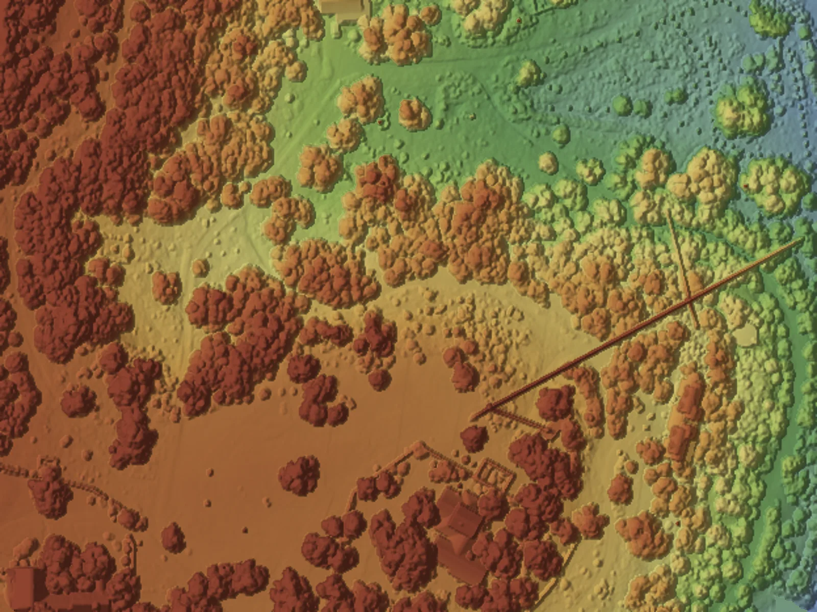 The surface model of the showcase ranch with the canopy still on it, coloured by height — July 2026 LiDAR scan.