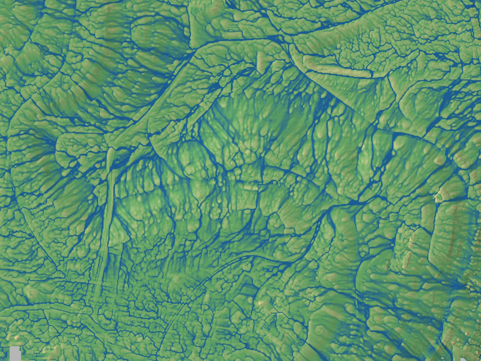 Topographic wetness on the showcase ranch — blue where water lingers — from the July 2026 LiDAR ground.
